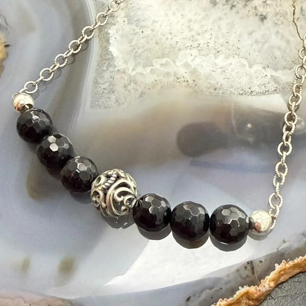 Carolyn Pollack Sterling Silver 6 Faceted Onyx w/Swirl Beads 15